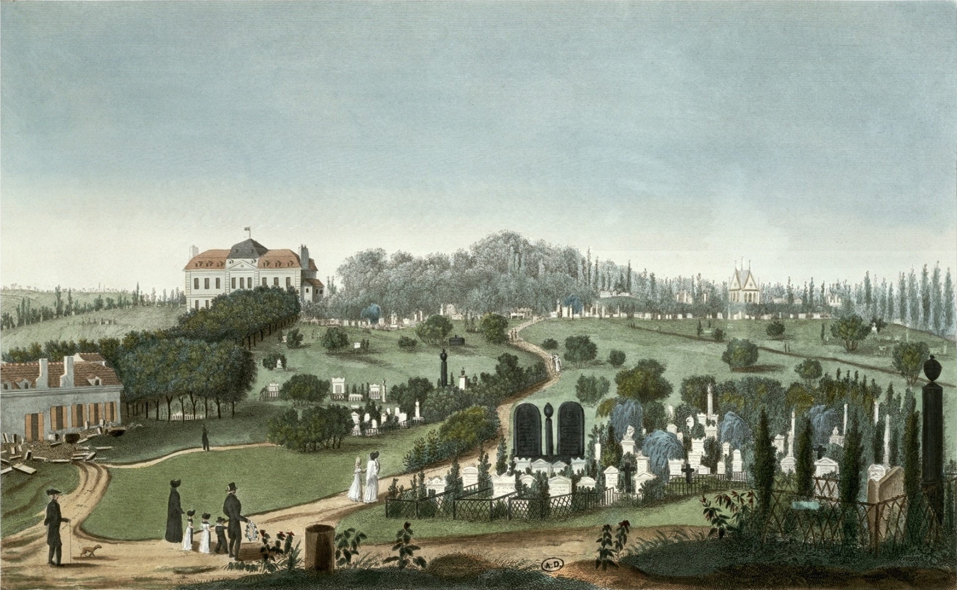 Gravure en couleurs de Pierre Courvoisier représentant l'entrée paysagère du cimetière du Père-Lachaise en 1815