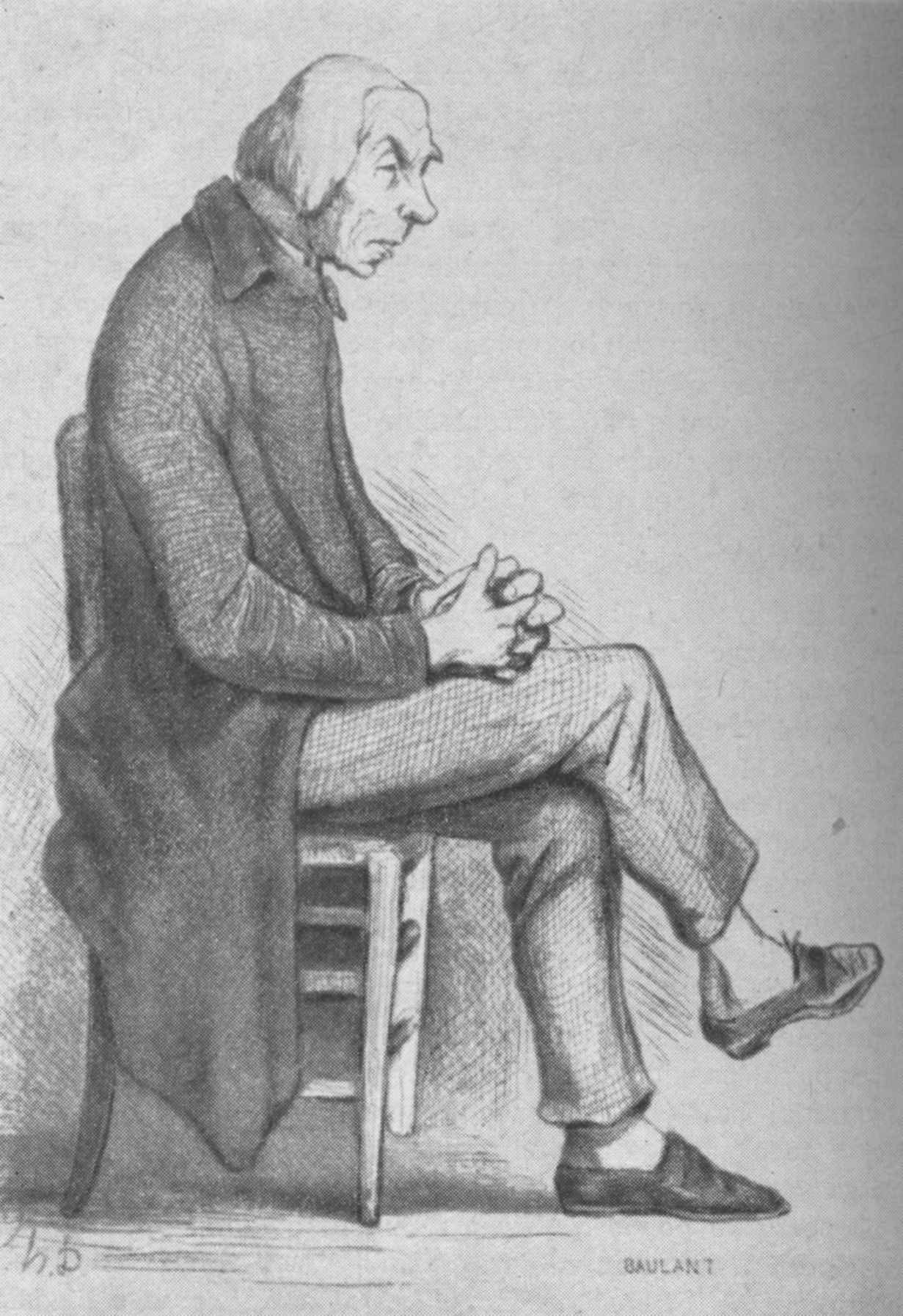 Gravure sur bois d'Honoré Daumier représentant le vieux père Goriot affaibli et mélancolique pour l'édition Furne