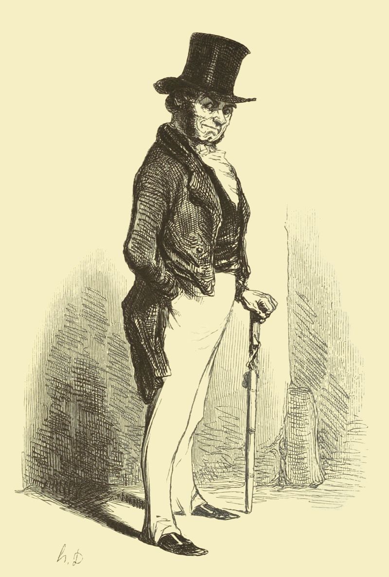 Gravure sur bois d'Honoré Daumier représentant le personnage de Vautrin (Jacques Collin) en redingote et chapeau haut-de-forme