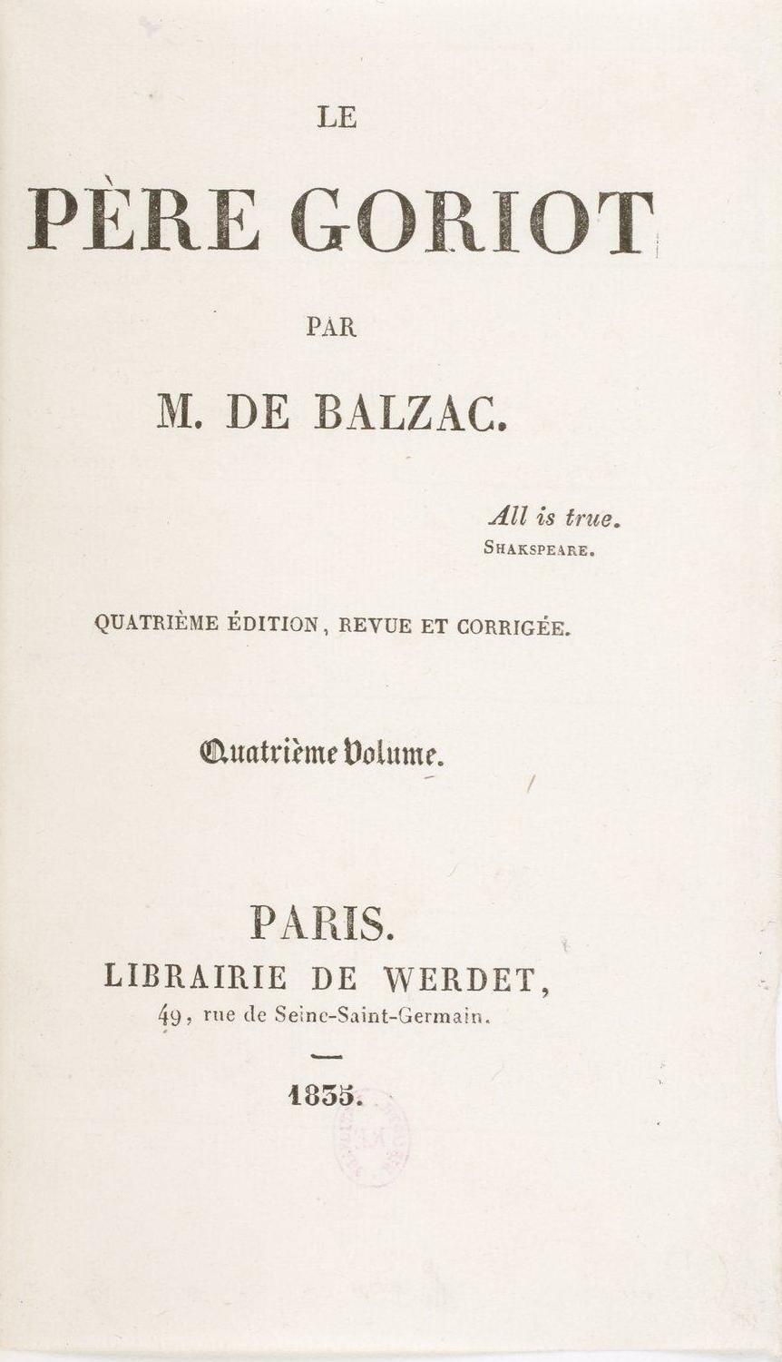 Page de titre de l'édition originale du Père Goriot d'Honoré de Balzac, librairie Werdet, Paris, 1835