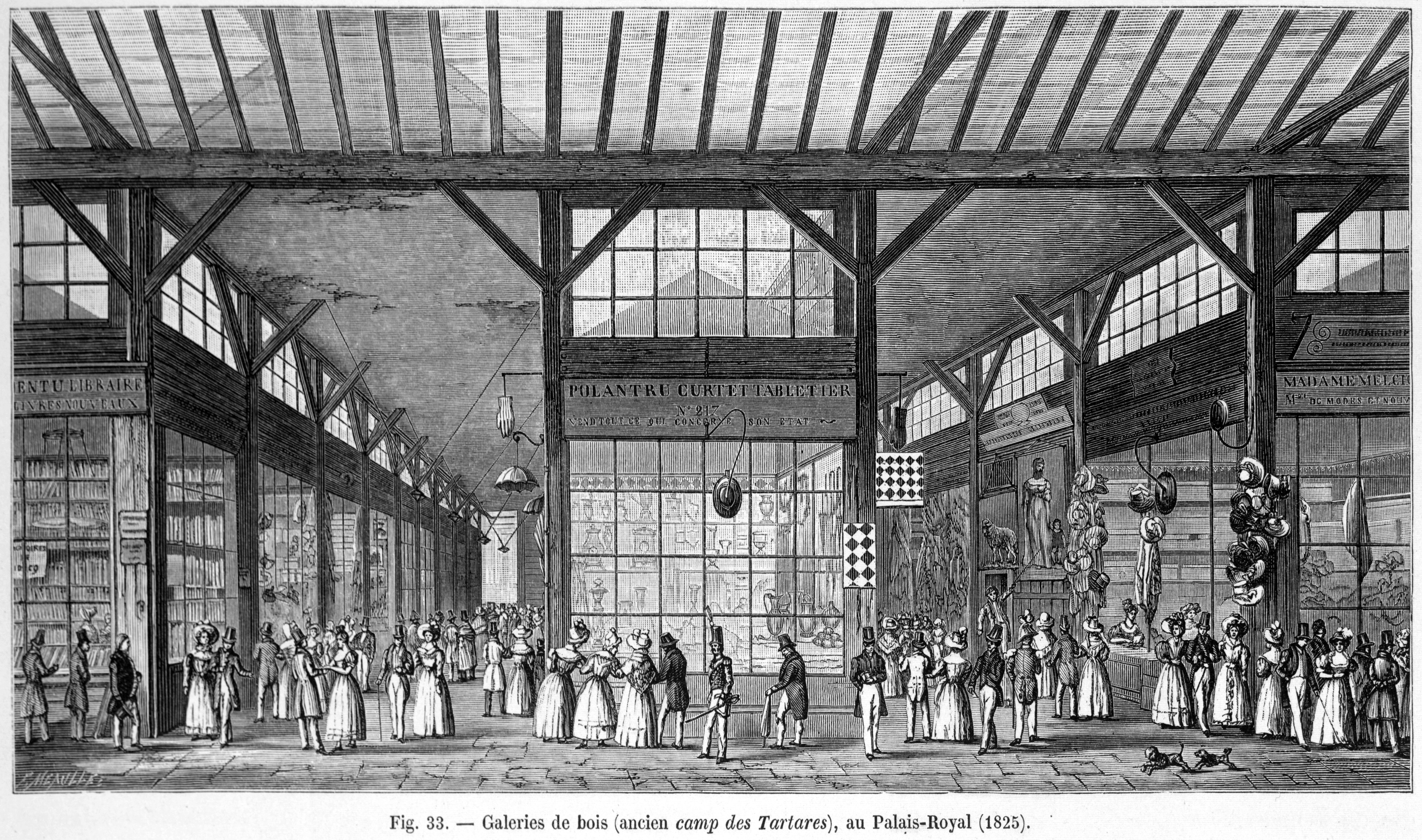 Lithographie représentant les galeries de bois du Palais-Royal animées de promeneurs en 1825 par Theodor Hoffbauer