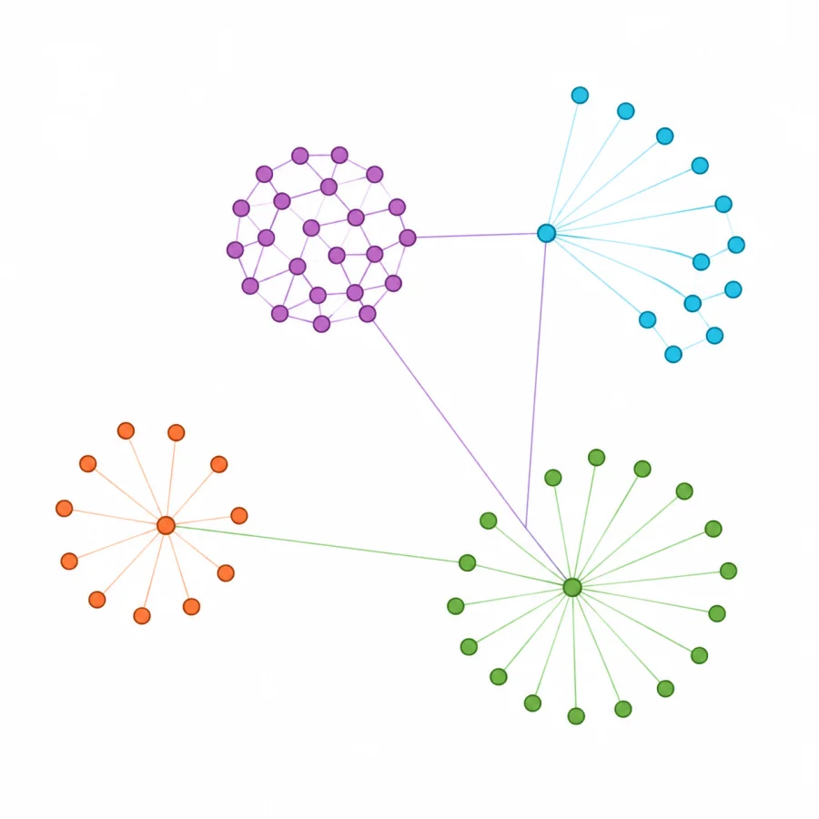 Schéma théorique d’un réseau à noyau et périphérie : un noyau violet de sommets densément reliés entre eux, rattaché par quelques liens à trois groupes en étoile (bleu, vert, orange) dont les sommets périphériques ne sont reliés qu’à leur centre.