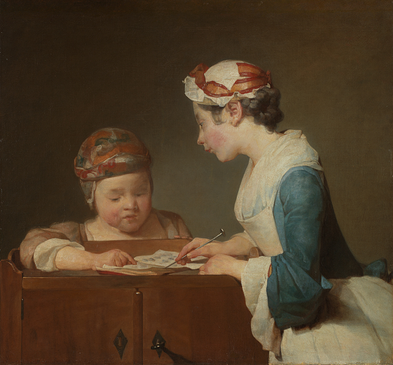Tableau de Jean Siméon Chardin montrant une jeune fille bien mise enseignant patiemment la lecture à une fillette à l’aide d’un abécédaire et d’un pointeur