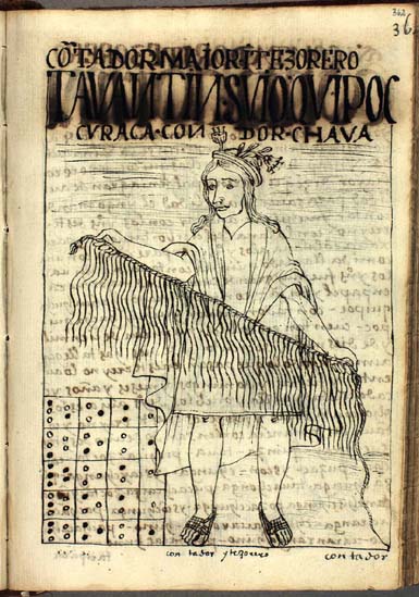 Dessin à la plume de Felipe Guaman Poma de Ayala représentant un administrateur inca tenant un quipu déplié au-dessus d’une table de calcul yupana