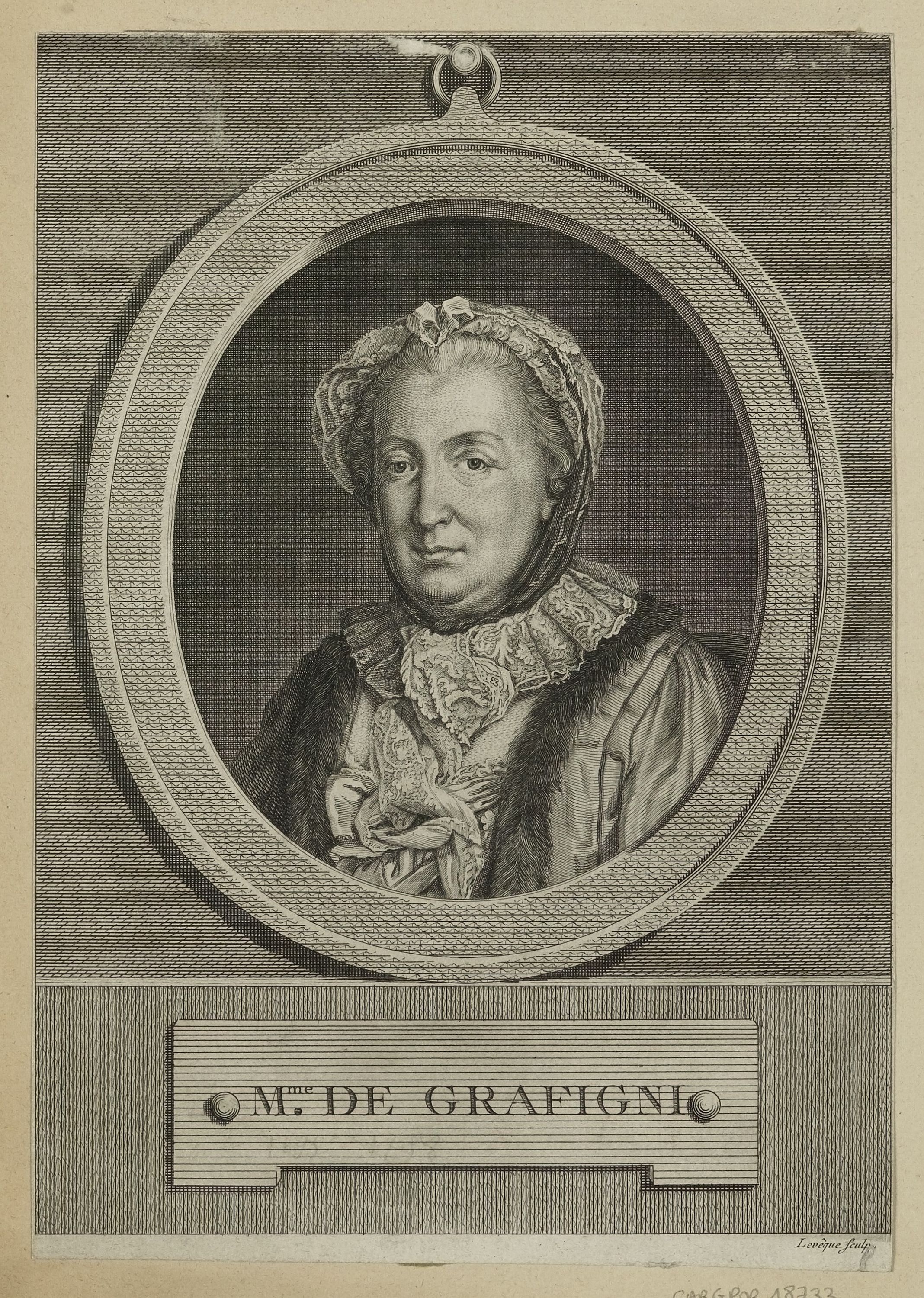 Gravure en buste de Françoise de Graffigny de trois quarts dans un médaillon ovale portant l’inscription Mme de Grafigni (1771)