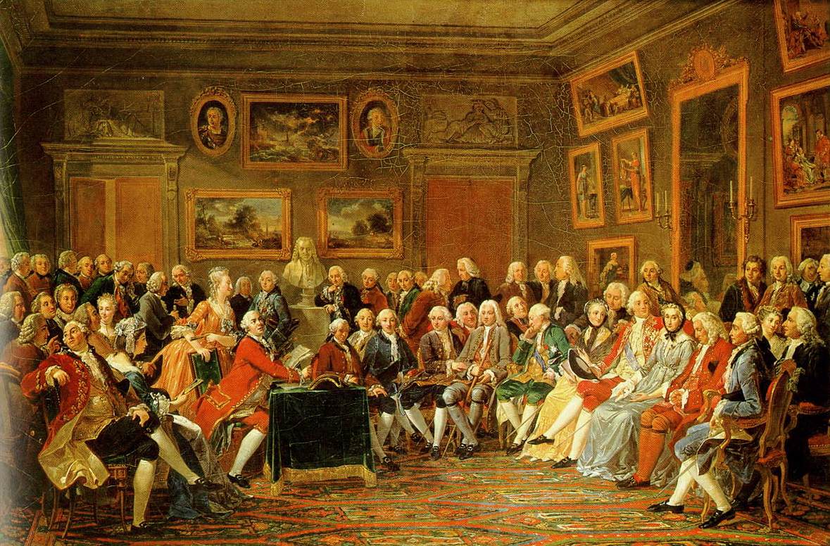 Tableau monumental d’Anicet Charles Gabriel Lemonnier représentant la lecture d’une pièce de Voltaire dans le grand salon de Madame Geoffrin entourée des philosophes des Lumières