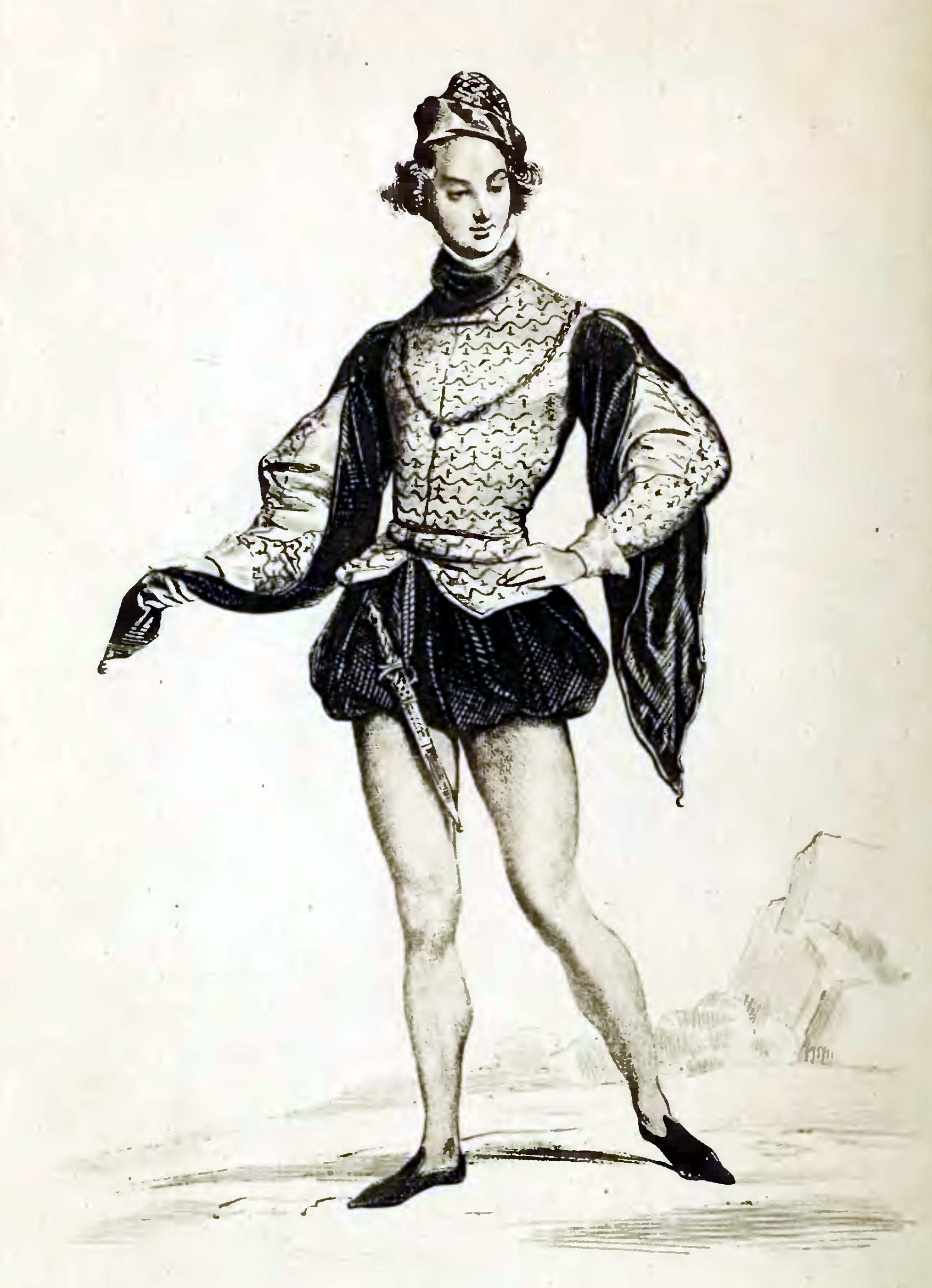 Lithographie en noir et blanc d'Achille Devéria représentant le jeune Alfred de Musset vêtu d'un costume Renaissance de page vers 1830