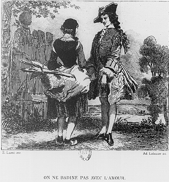 Gravure d'Adolphe Lalauze d'après Eugène Lami montrant Perdican et Camille se faisant face près d'une fontaine de pierre en sous-bois à l'acte II scène 5