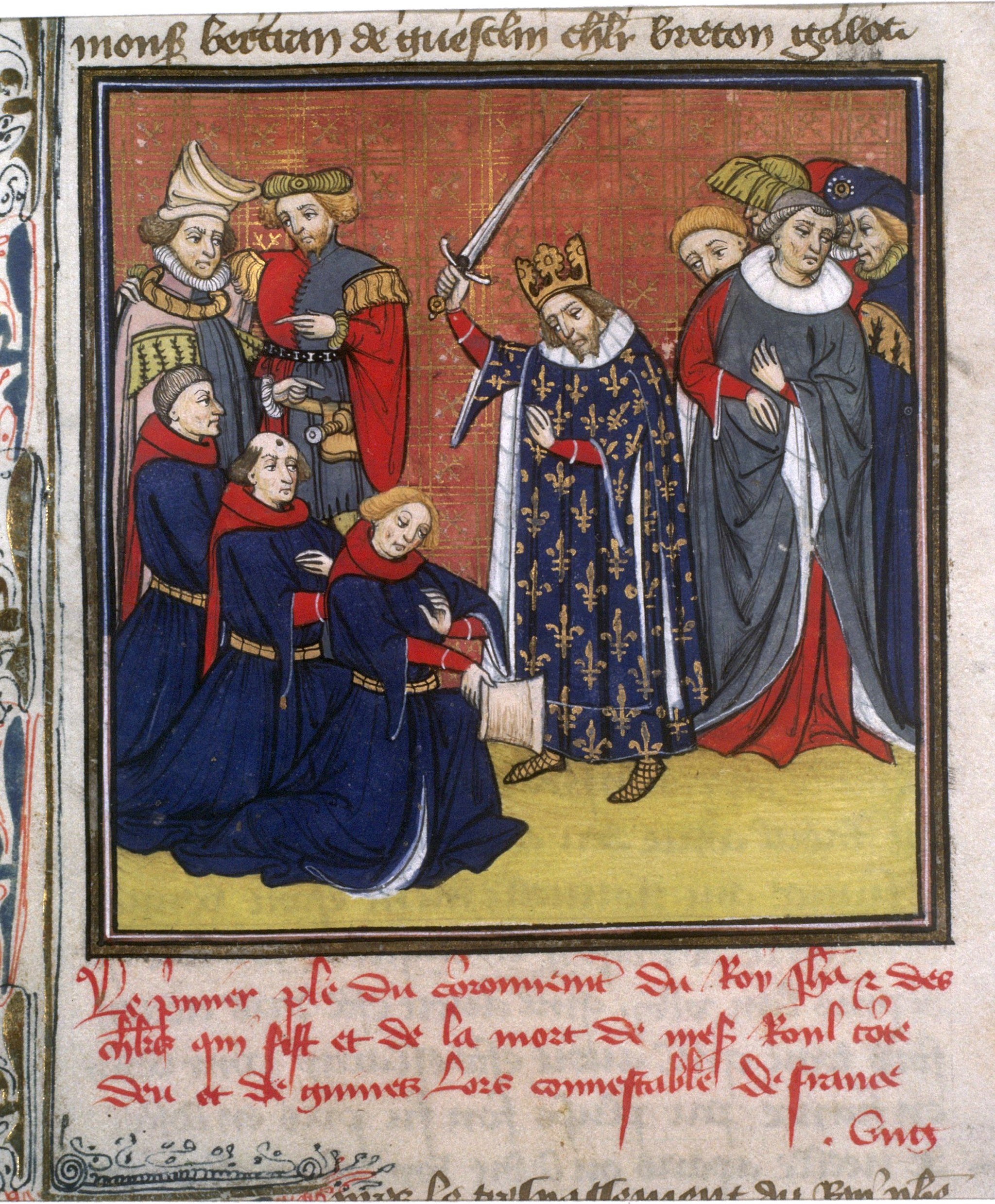 Peinture de manuscrit montrant le roi Jean II le Bon qui fait chevaliers des jeunes hommes agenouillés en les touchant de son épée (la colée)