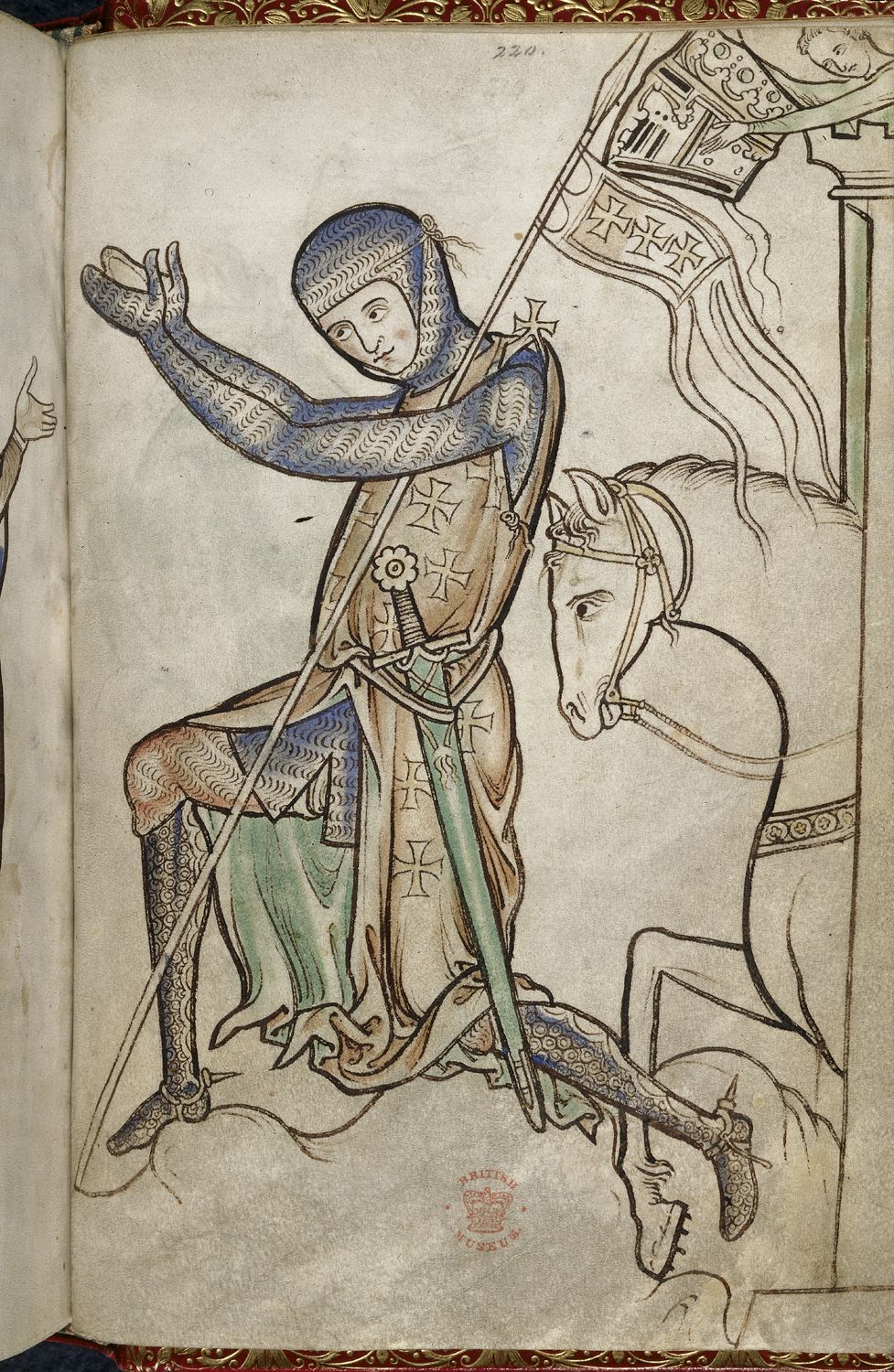 Dessin médiéval d’un chevalier en cotte de mailles, agenouillé devant son cheval ; en haut, depuis les créneaux d’une tour, un écuyer tient son casque