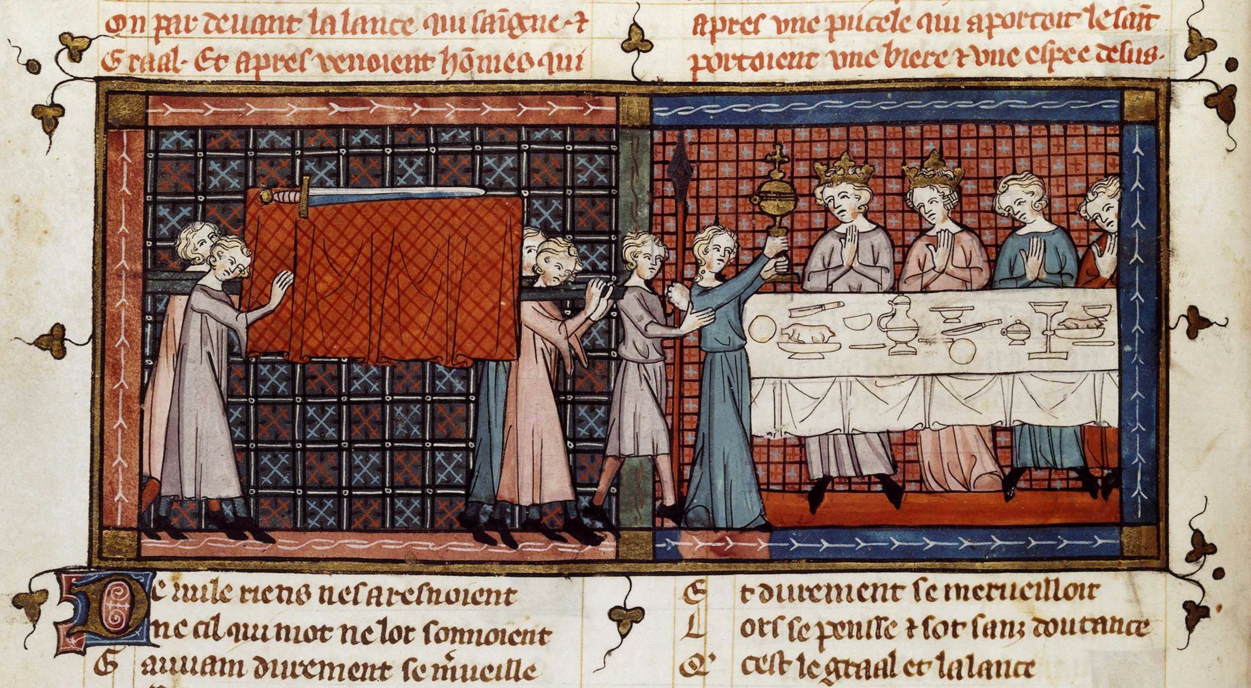 Peinture de manuscrit montrant le cortège du Graal : quatre porteurs avec un brancard funéraire sur lequel repose une épée brisée, un jeune homme avec la lance et une jeune fille avec le Graal