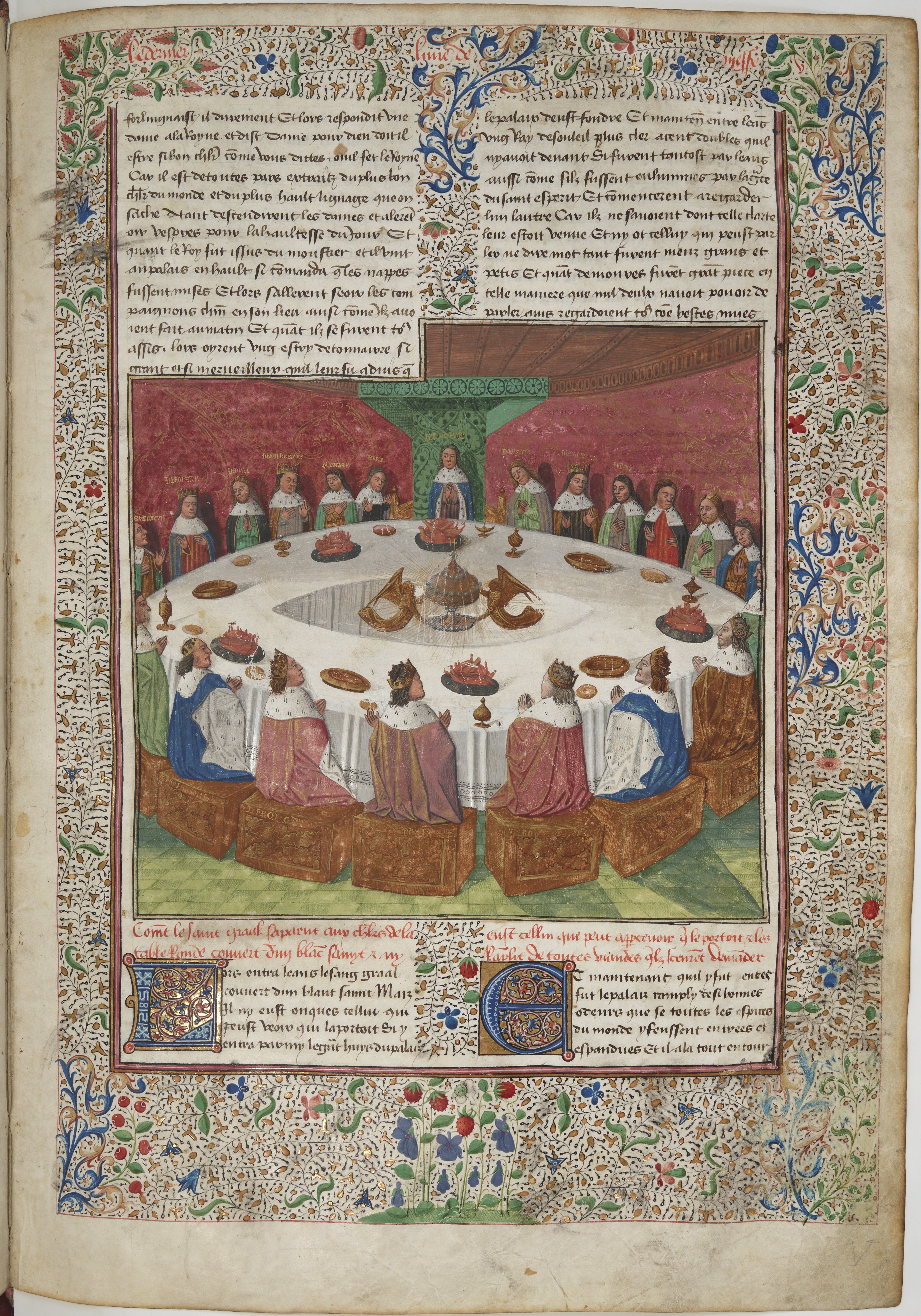 Grande peinture de manuscrit de 1470 : les chevaliers de la Table ronde, réunis autour du roi Arthur, voient apparaître le Graal, un vase doré porté par deux anges