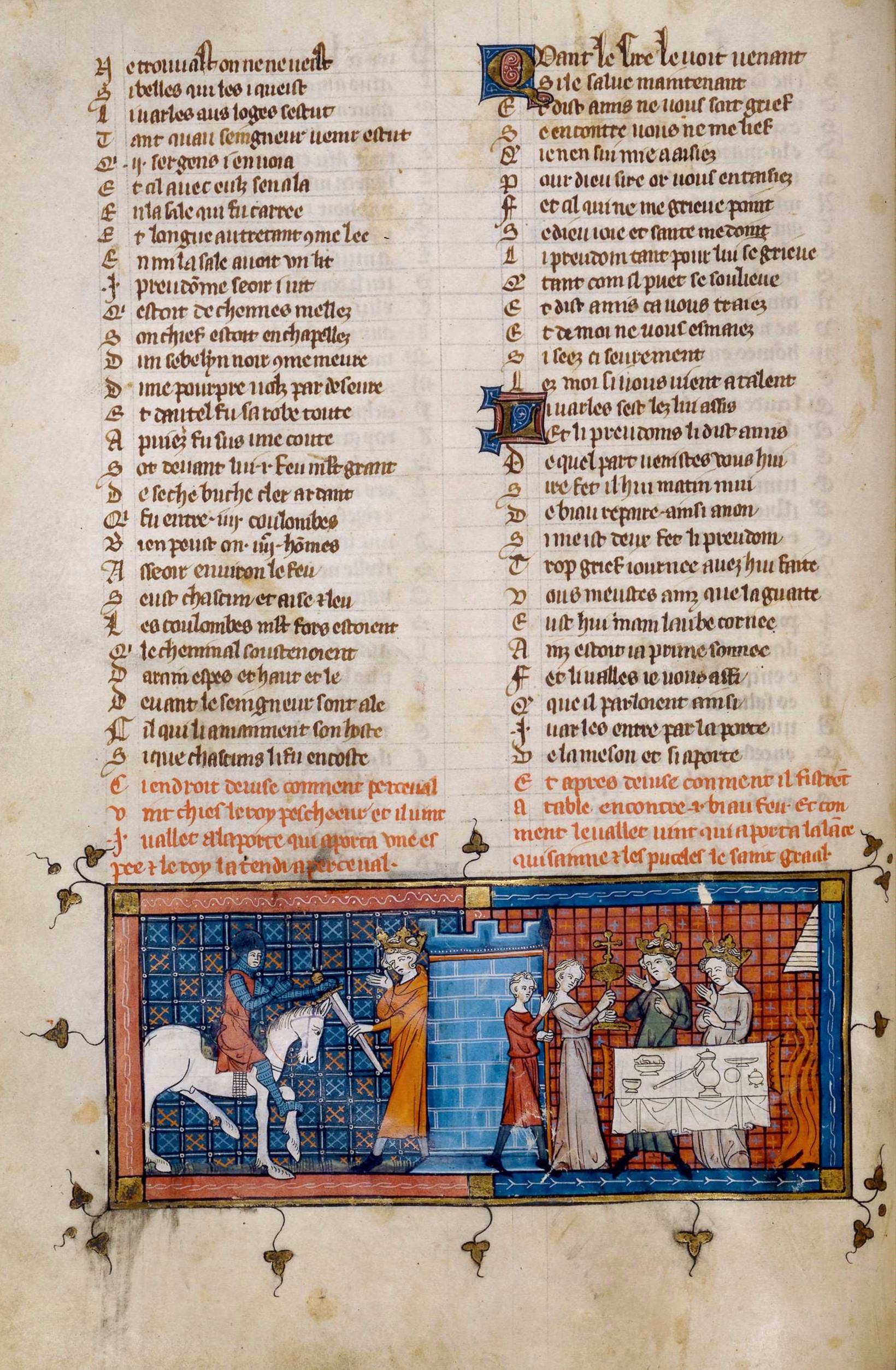 Peinture de manuscrit en deux scènes : à gauche, Perceval à cheval devant la porte du château ; à droite, Perceval assis à table avec le Roi Pêcheur