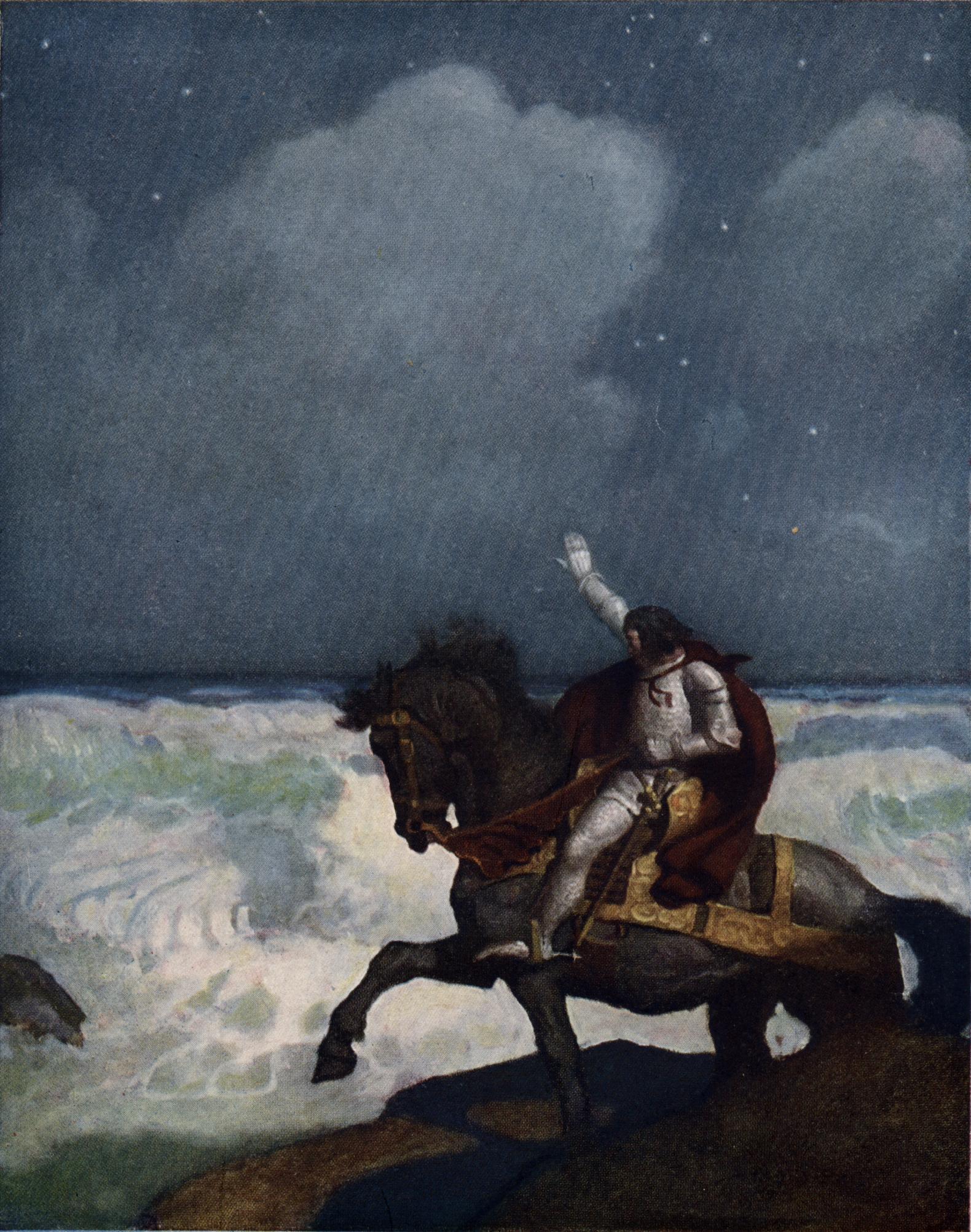 Peinture de N. C. Wyeth : un chevalier en armure d’argent, sur un cheval noir, lève le bras vers le ciel au bord d’une mer agitée, sous un ciel étoilé