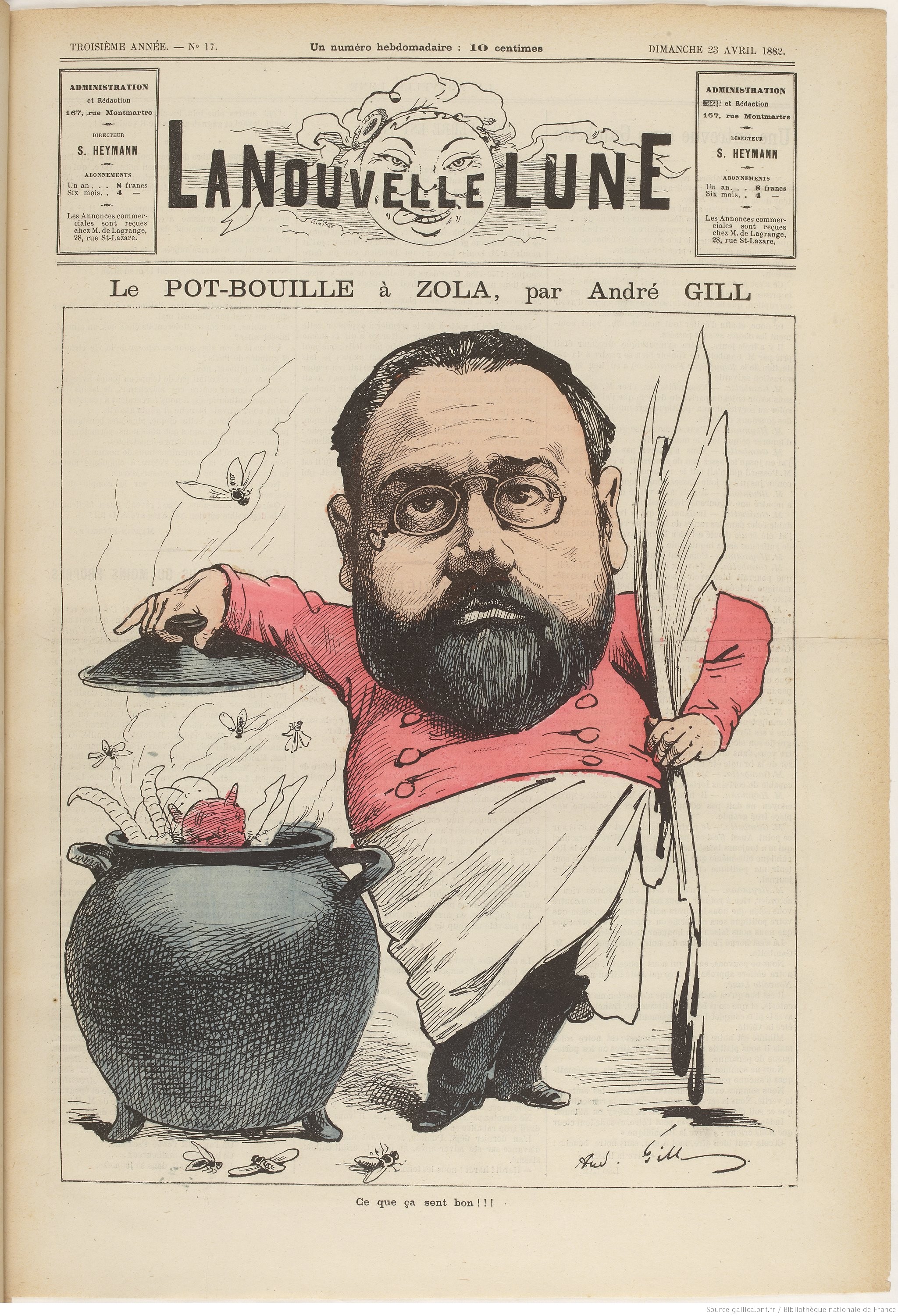 Caricature en couleur d'André Gill dans La Nouvelle Lune du 23 avril 1882 représentant Émile Zola en cuisinier soulevant une marmite fumante