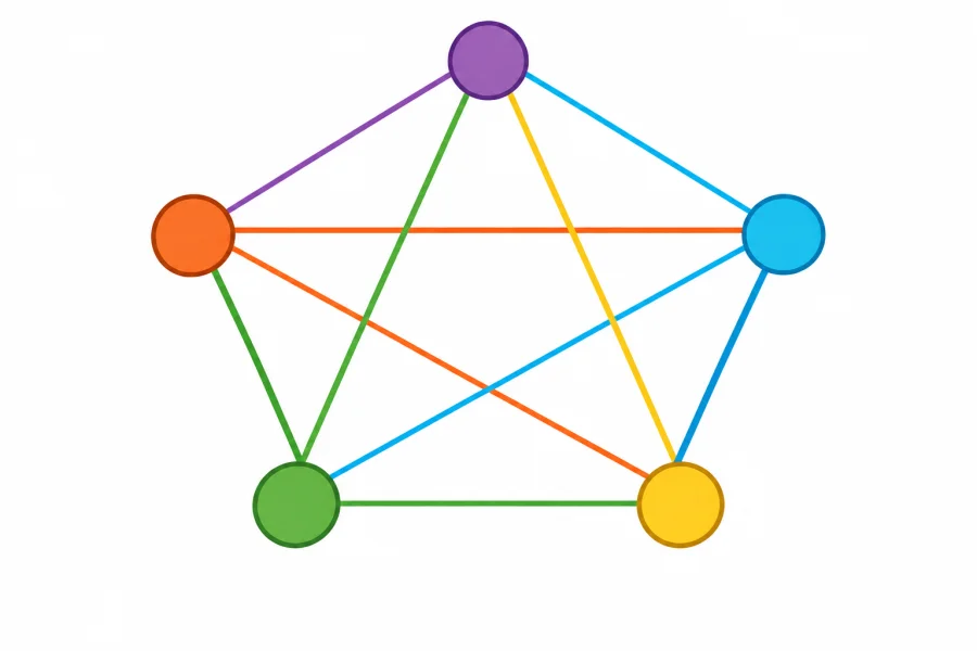 Schéma théorique d’un réseau sans centre : cinq sommets de couleurs différentes disposés en pentagone, chacun relié par un trait à chacun des quatre autres.