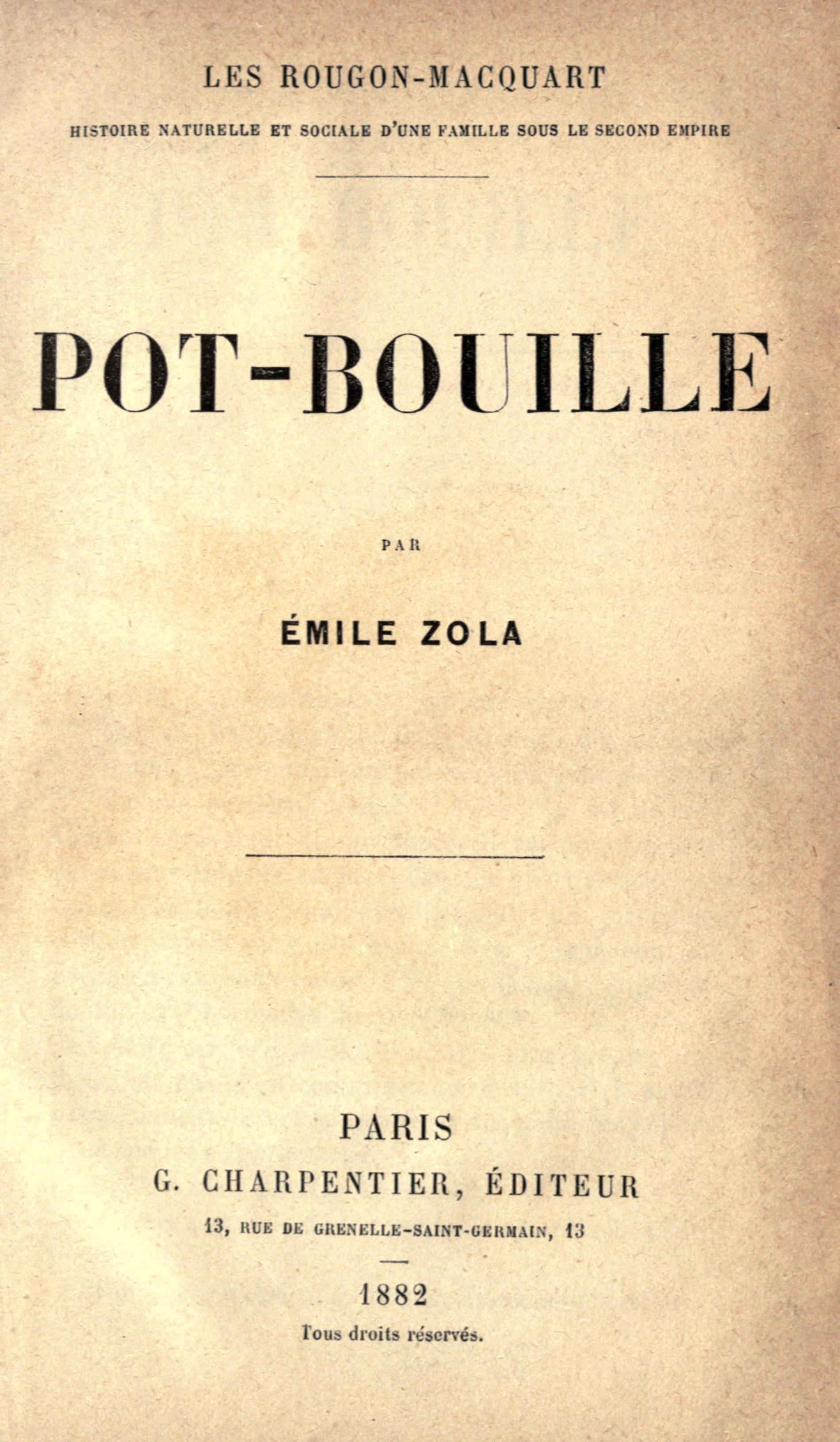 Page de titre imprimée de l'édition originale de Pot-Bouille publiée en 1882 chez Georges Charpentier éditeur