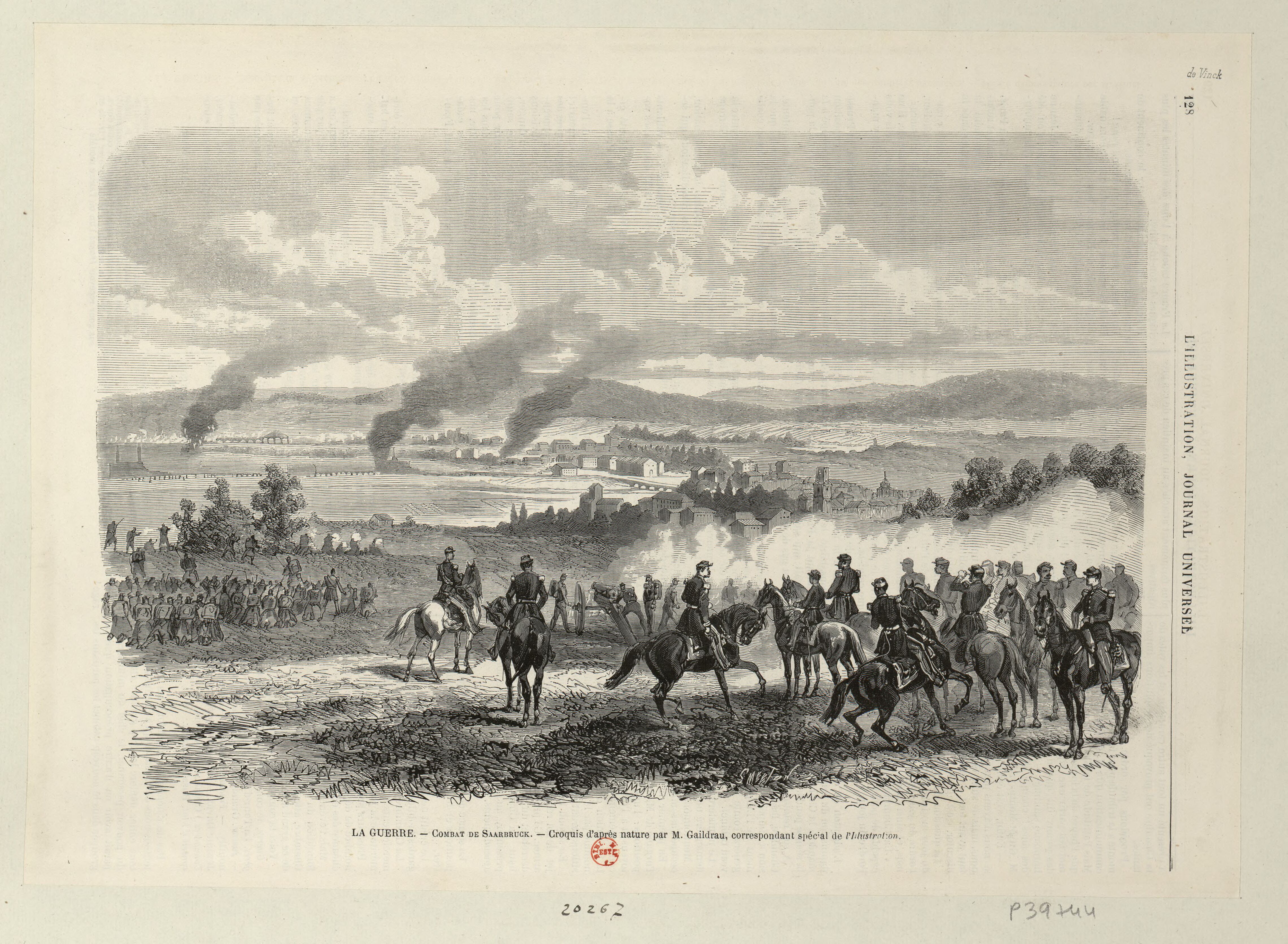 Estampe de propagande : La Guerre. Combat de Saarbruck (dessin Gaildrau, gravure Smeeton, août 1870)